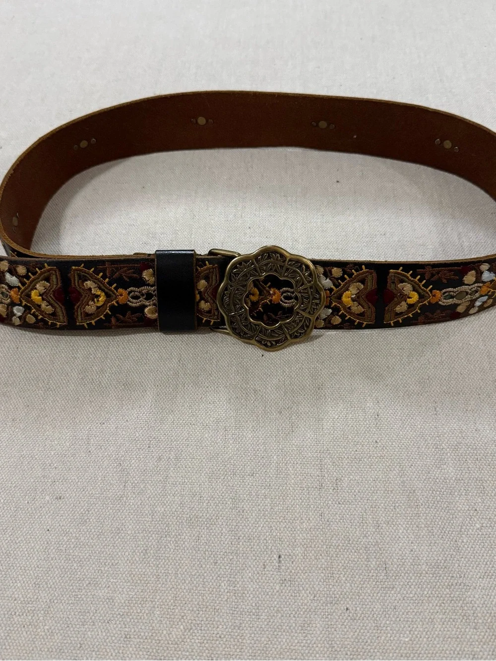 Lucky Brand Leather Belt L Embroidered Boho Western Floral Brass Buckle